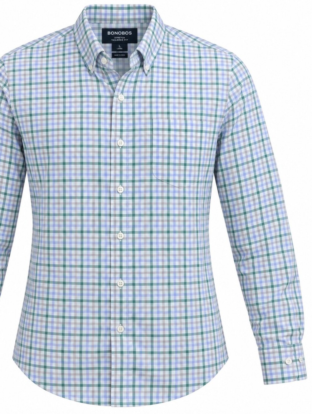 BONOBOS | Stretch Tailored Fit Plaid Button Down Shirt Green Blue | L Long